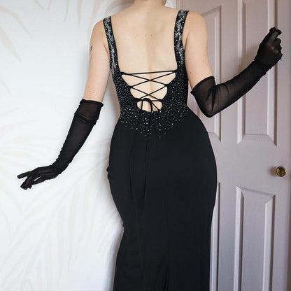 Black low cut lace up back evening dress UK 8-10