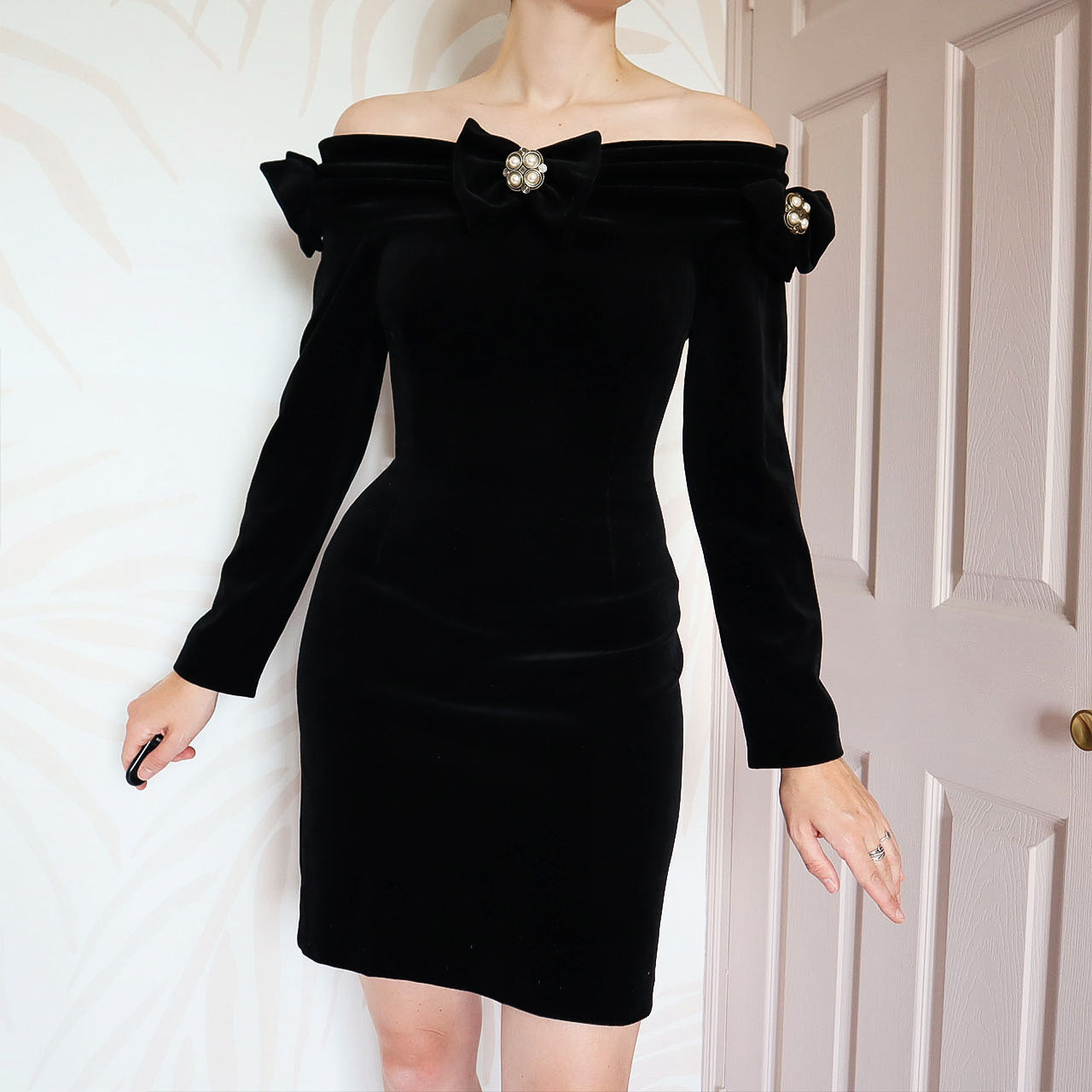 Black Andrew Stassi off the shoulder velvet mini dress UK 12