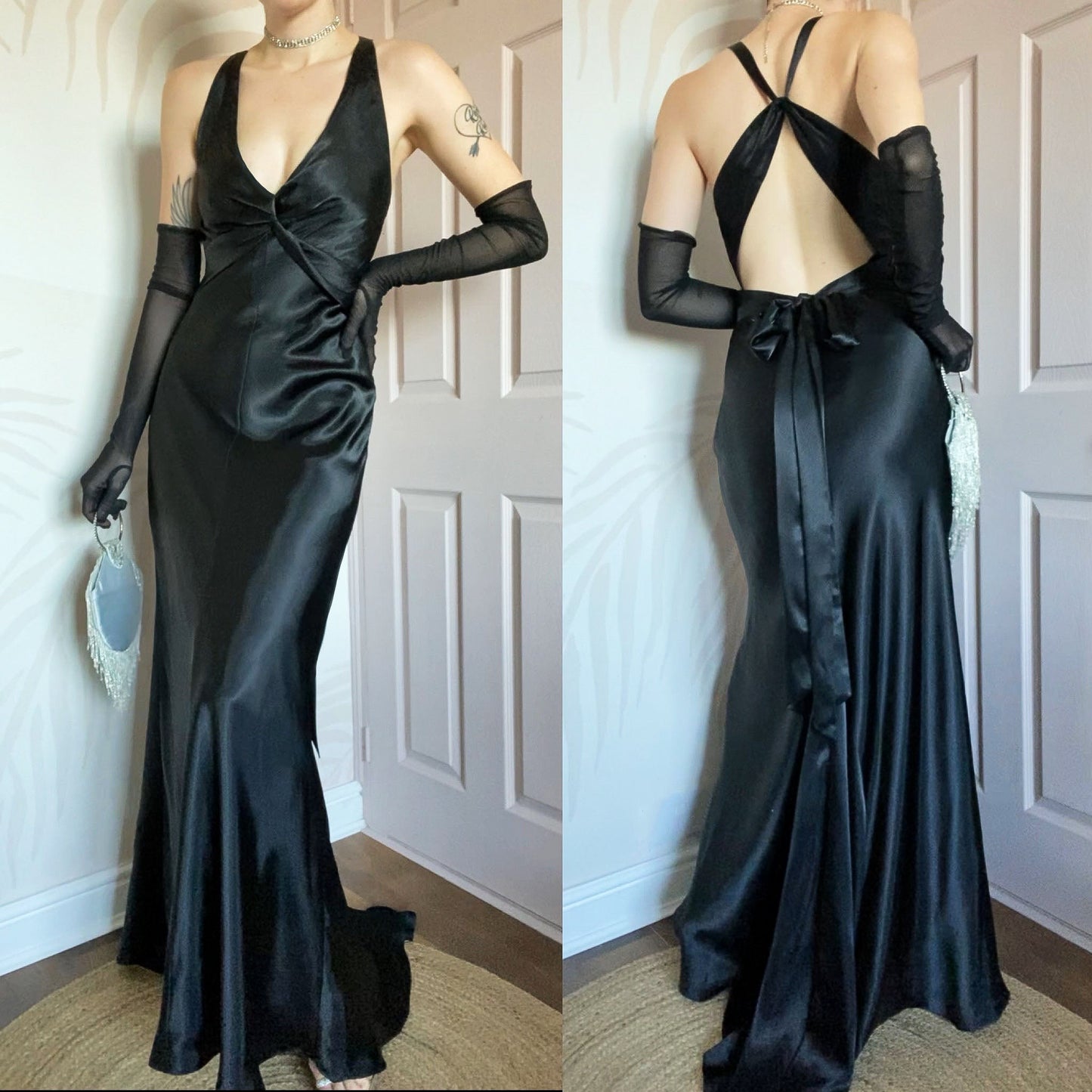 Black satin Betsy & Adam evening gown UK 14