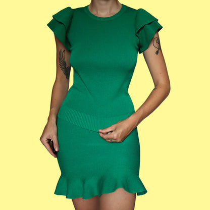 Green knit 2 piece top & skirt set UK S