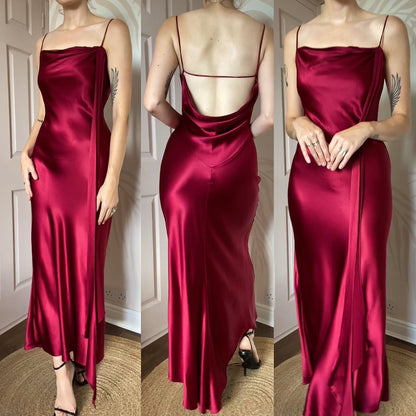 Red silky slip dress with draped back UK 12