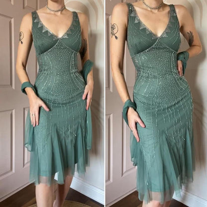 Dusky green beaded petite midi dress UK 14