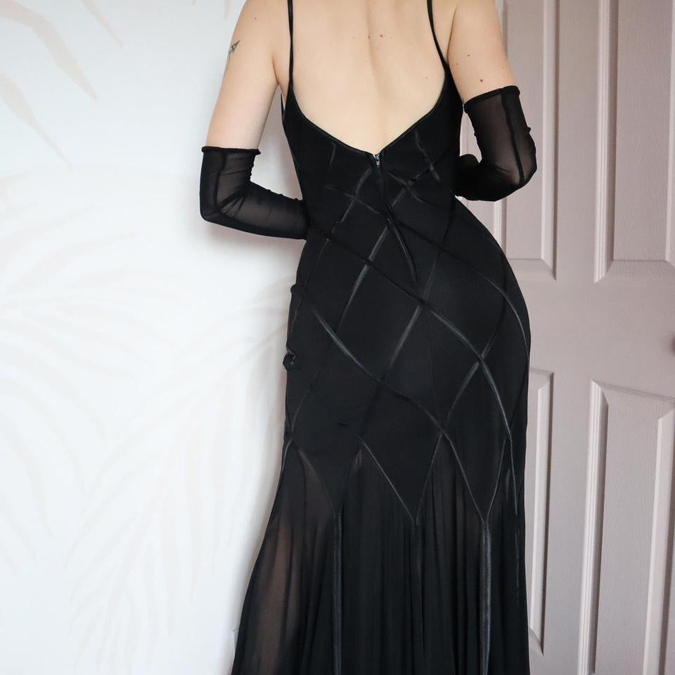 Bernshaw black stretch sheer trail evening dress UK 12