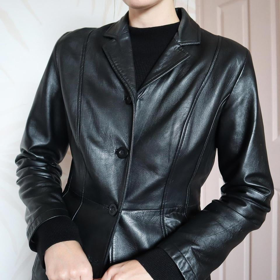 Black real leather jacket blazer UK 10