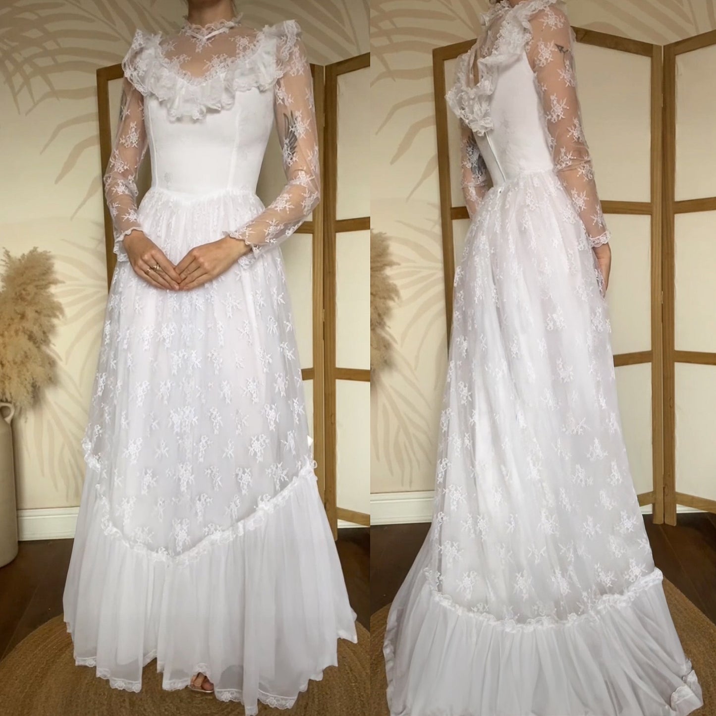 White lace long sleeve 70s wedding dress uk 10