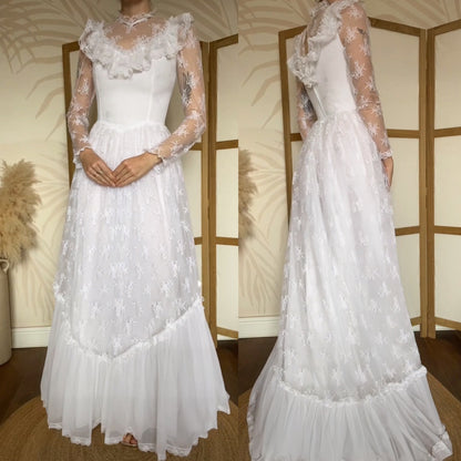 White lace long sleeve 70s wedding dress uk 10