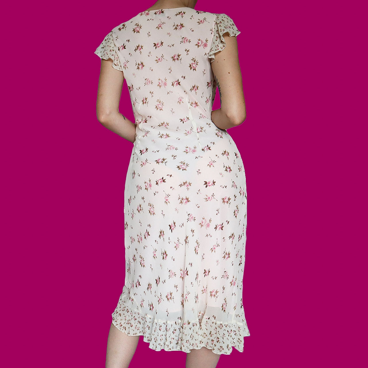 100% silk pink floral frilly wrap dress UK 12