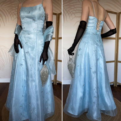 Light blue a-line organza beaded prom dress & shawl UK 12