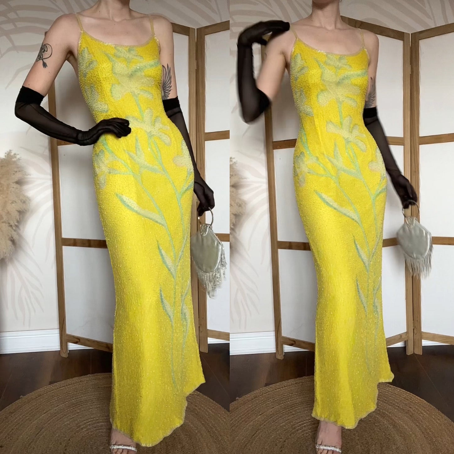 Bright yellow After Six beaded 100% silk evening dress uk 12-14