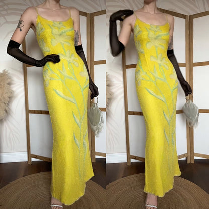 Bright yellow After Six beaded 100% silk evening dress uk 12-14