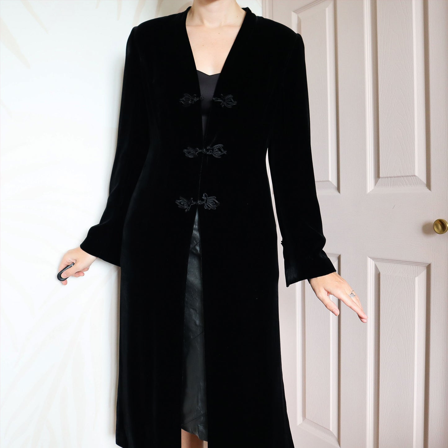 Black silk blend velvet long jacket UK 12
