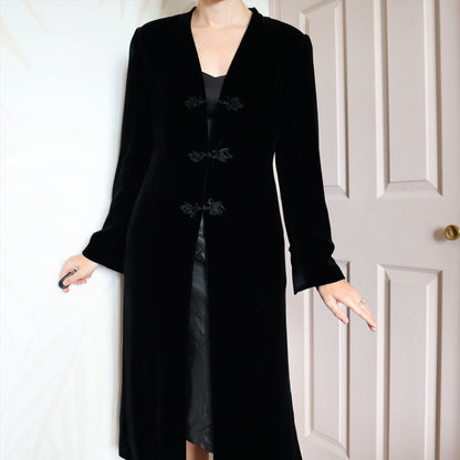 Black silk blend velvet long jacket UK 12
