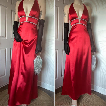 Red halter-neck diamanté evening gown UK 10-12