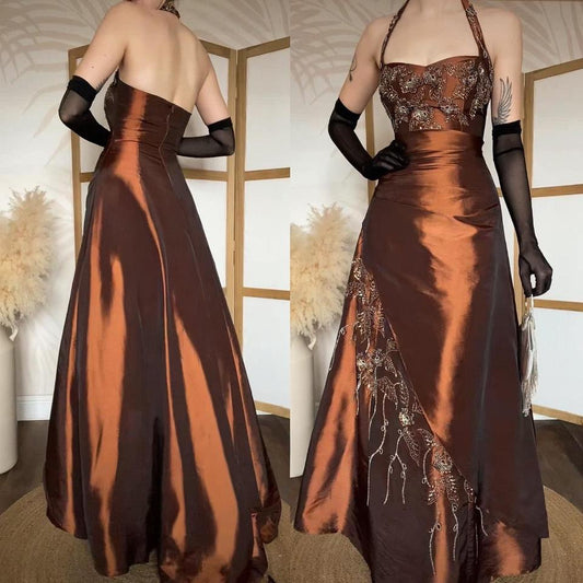 Warm brown halterneck a line beaded prom dress uk 8-10