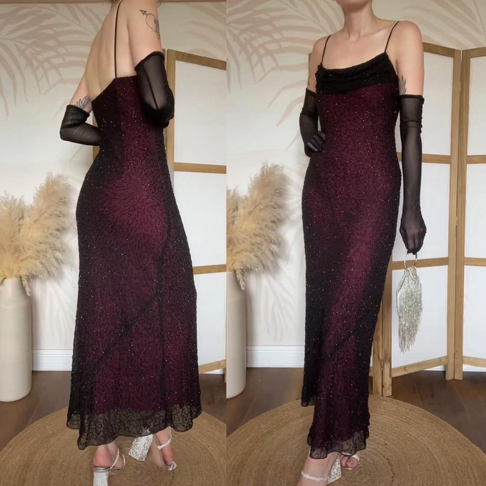 Marina black & pink beaded evening dress uk 12