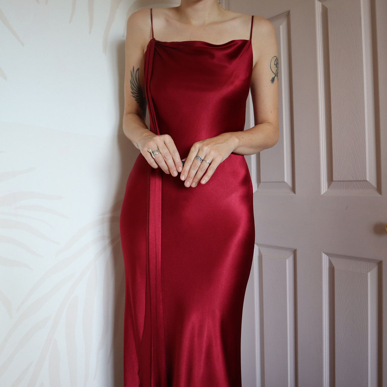 Red silky slip dress with draped back UK 12