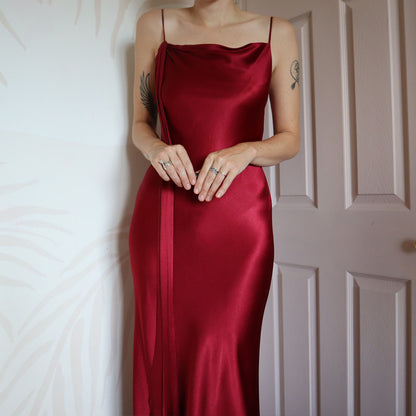 Red silky slip dress with draped back UK 12