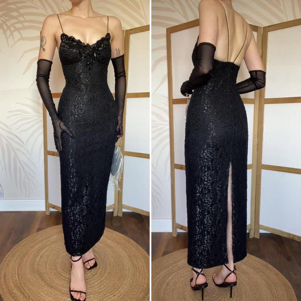 Bernshaw black lace stretch evening dress UK 8