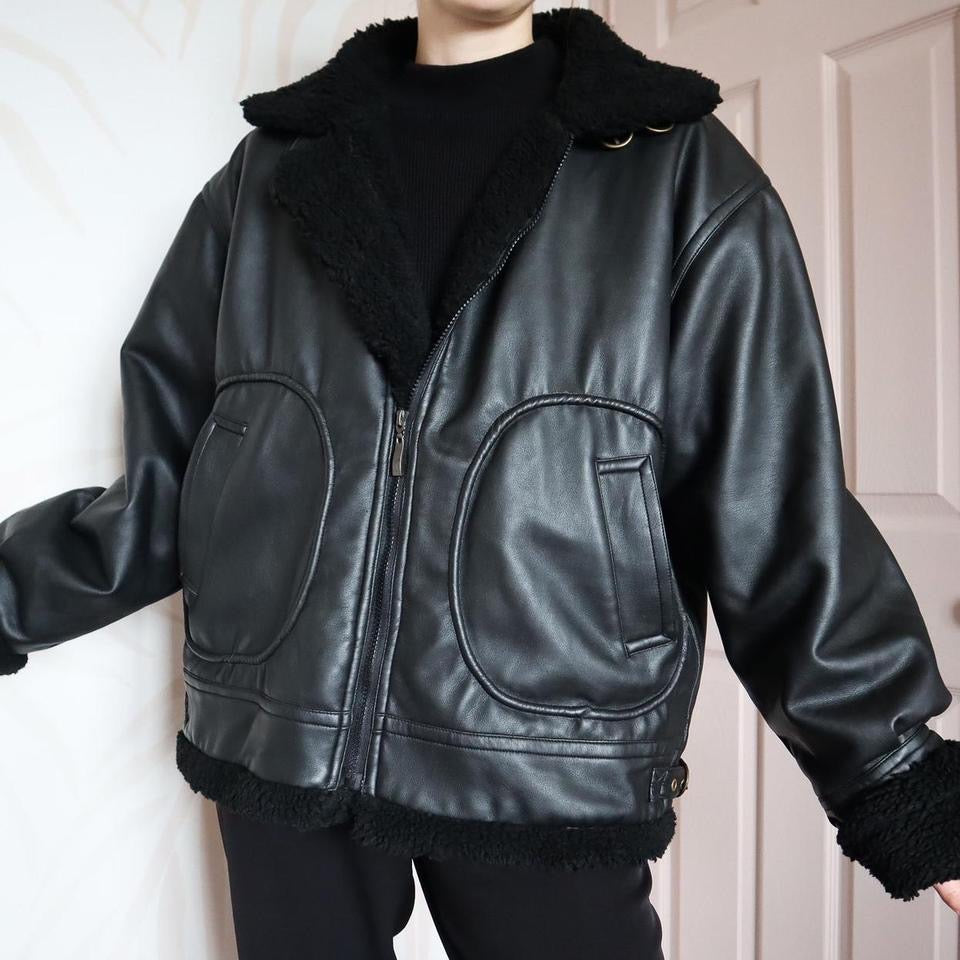 Black faux leather aviator coat UK M