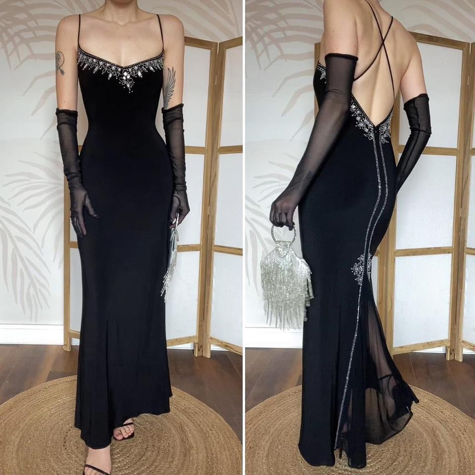Black stretch gem & bead evening dress uk 14-16