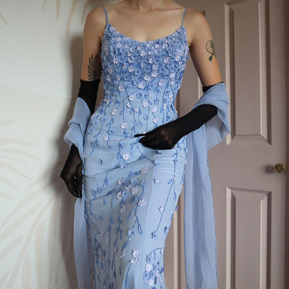 100% silk blue floral beaded evening gown & shawl UK 10