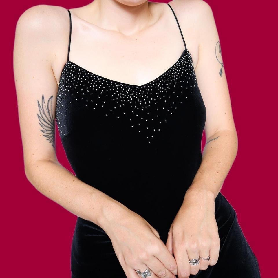 Black velvet beaded evening dress UK 14