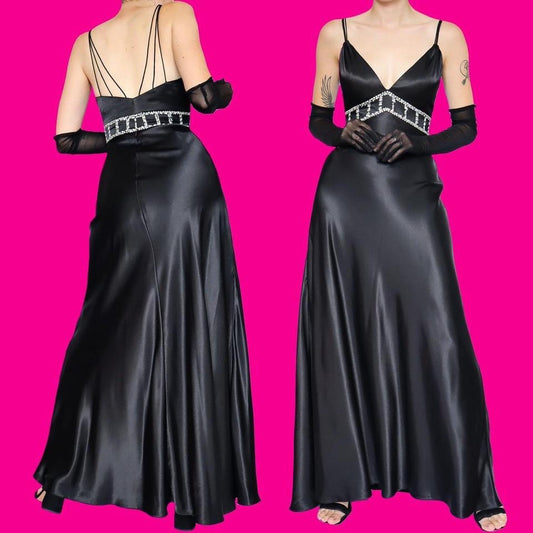 Black satin sequin evening dress UK 12