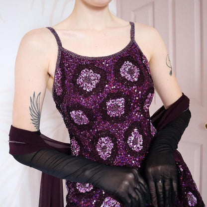 Purple Aftershock sequin 100% silk evening gown & shawl UK 10