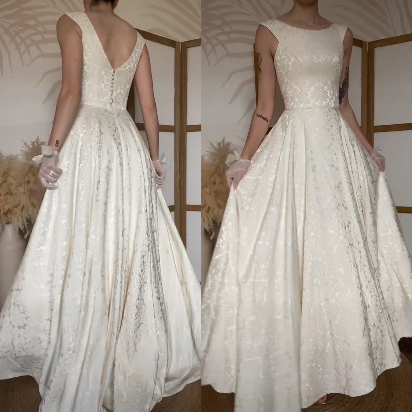 Ivory floral jacquard fit & flare wedding dress uk 10