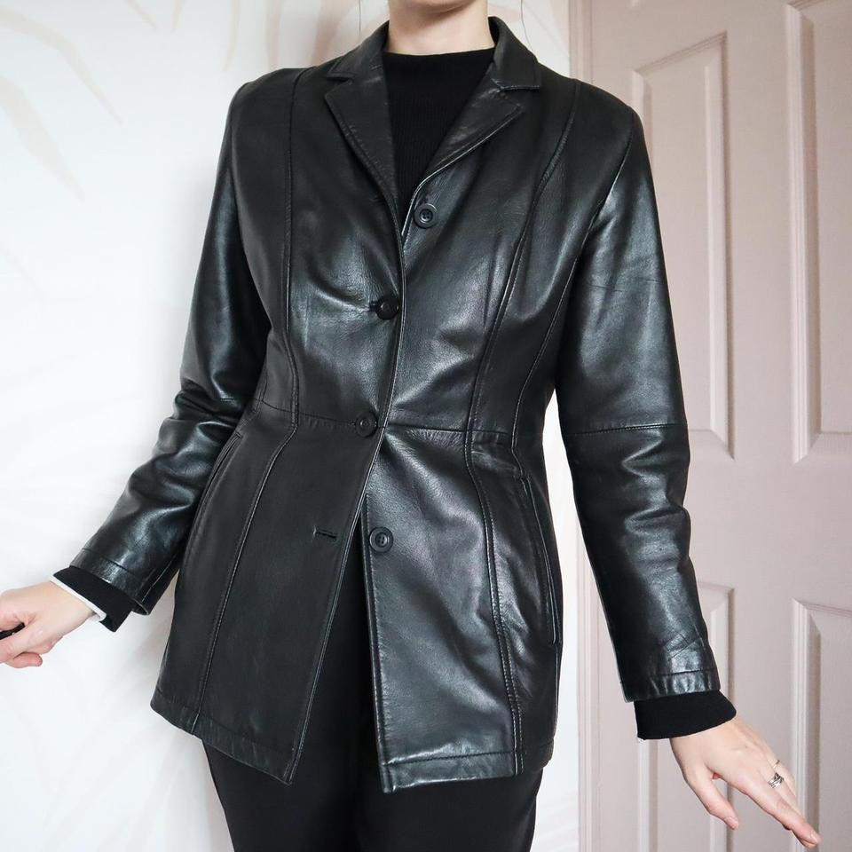 Black real leather jacket blazer UK 10