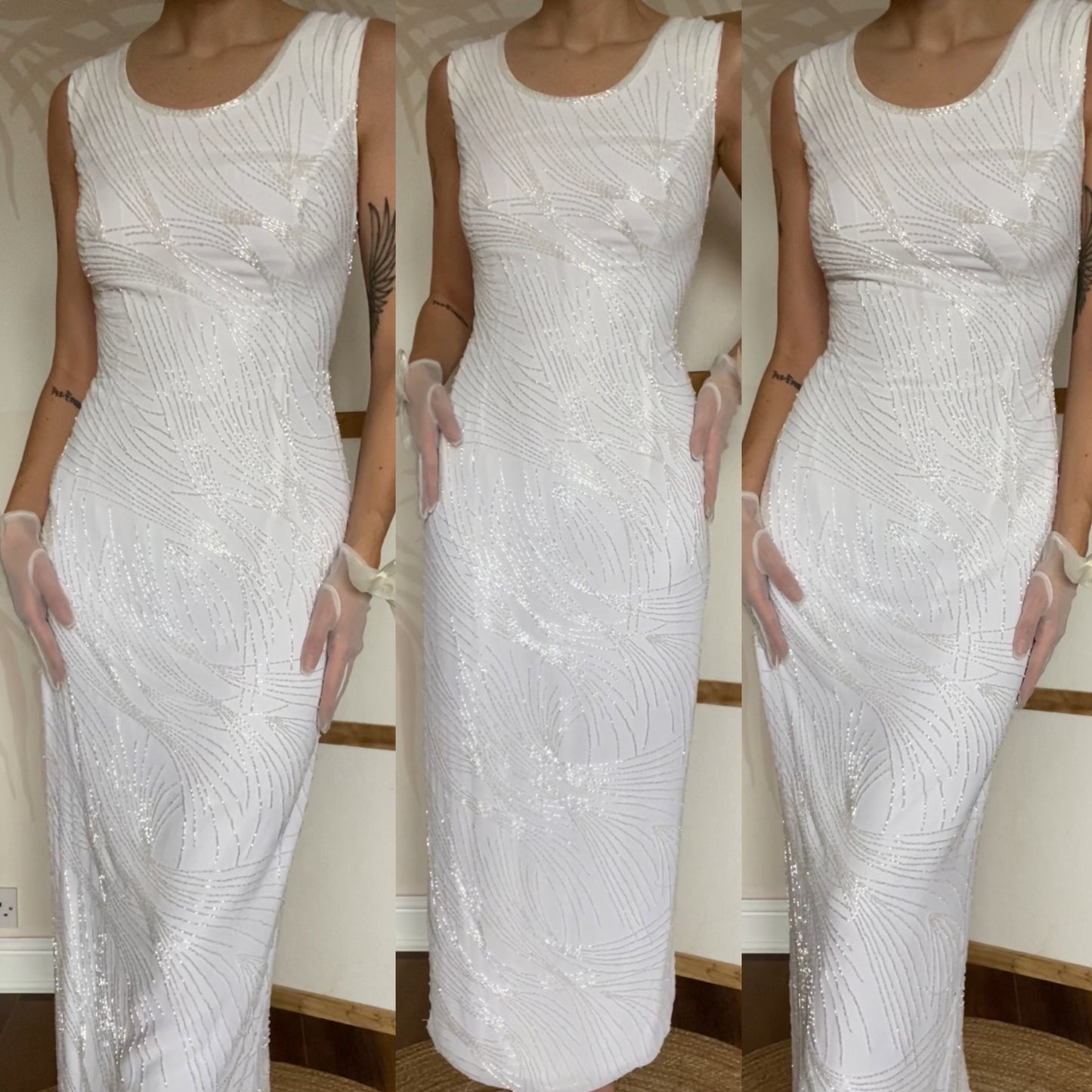 Frank Usher vintage white heavily beaded wedding dress UK 16