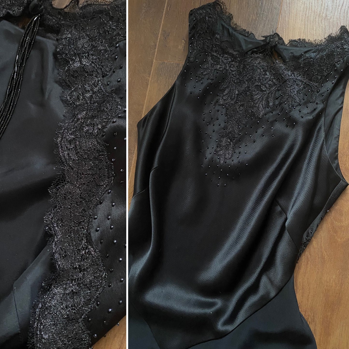 Black lace beaded open back evening dress uk 8