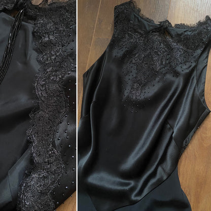 Black lace beaded open back evening dress uk 8