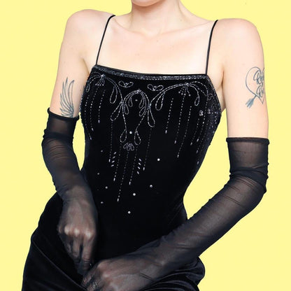 Black Dave & Johnny velvet beaded lace up back evening gown UK 12