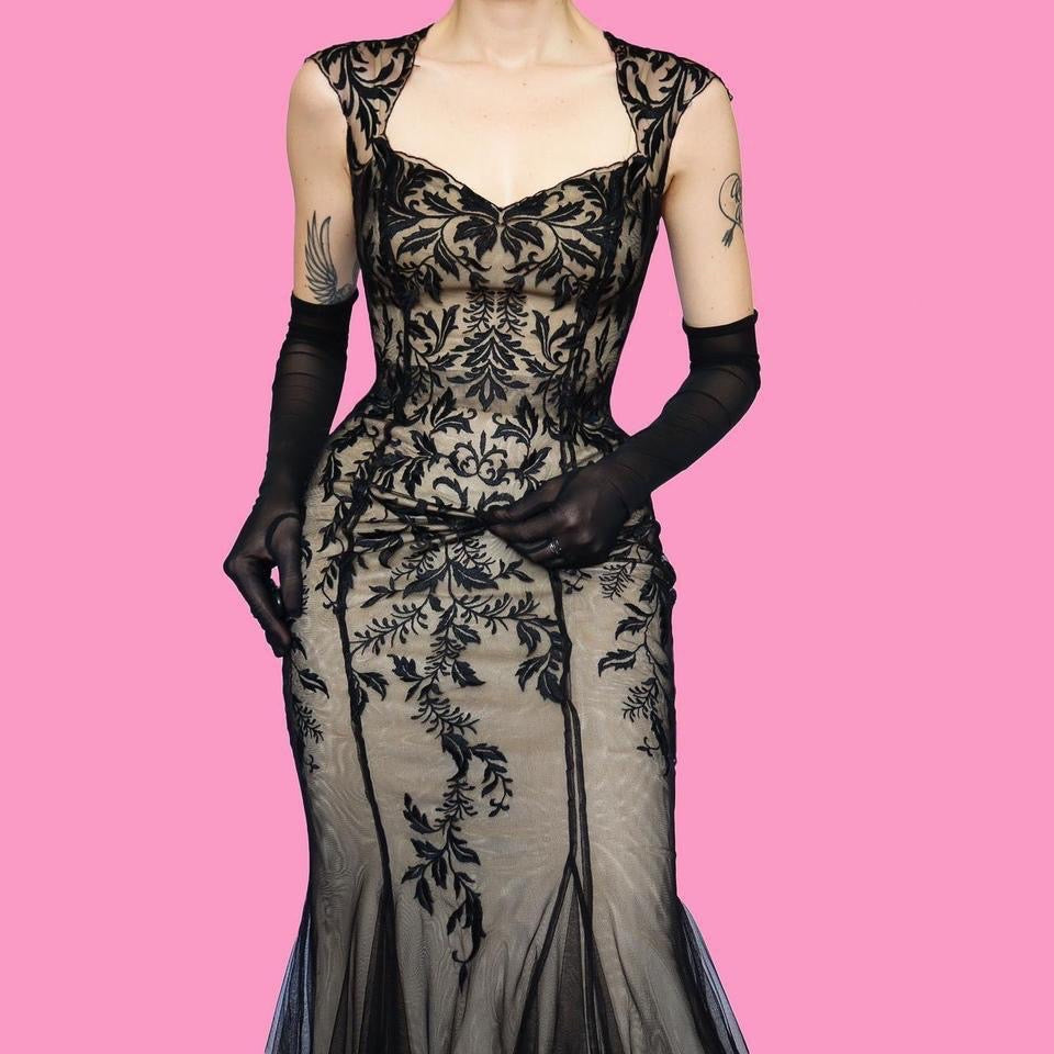 Black & tan lace fishtail evening dress UK 10