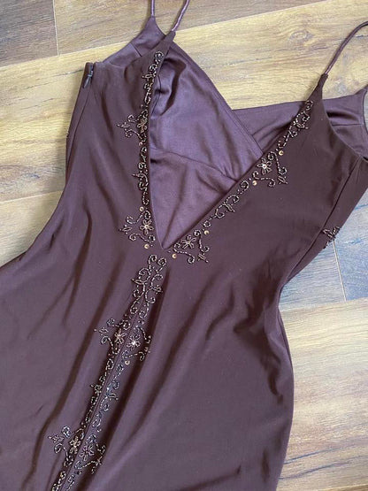 Dave & Johnny brown stretch beaded dress uk 10-12
