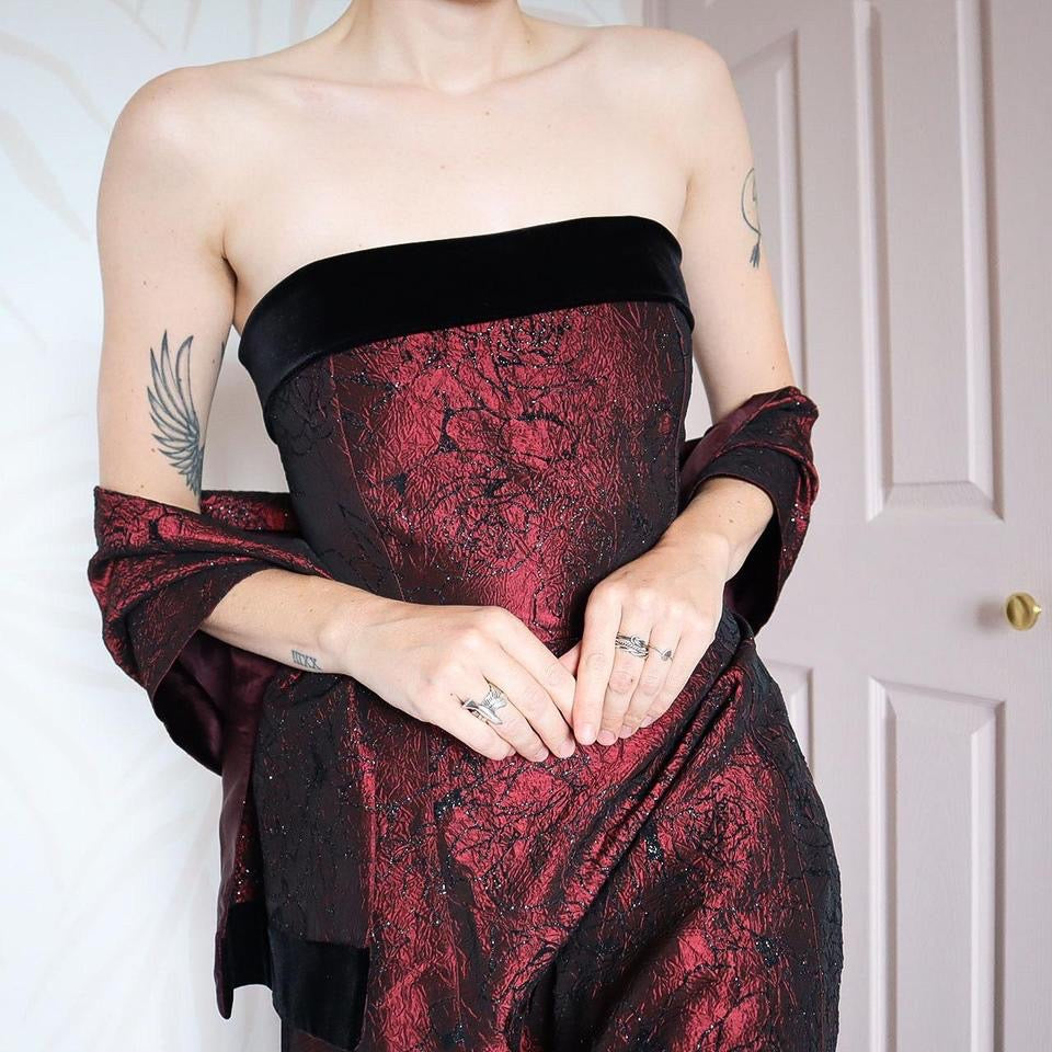 Glittery red Mosaic strapless evening gown & shawl UK 14