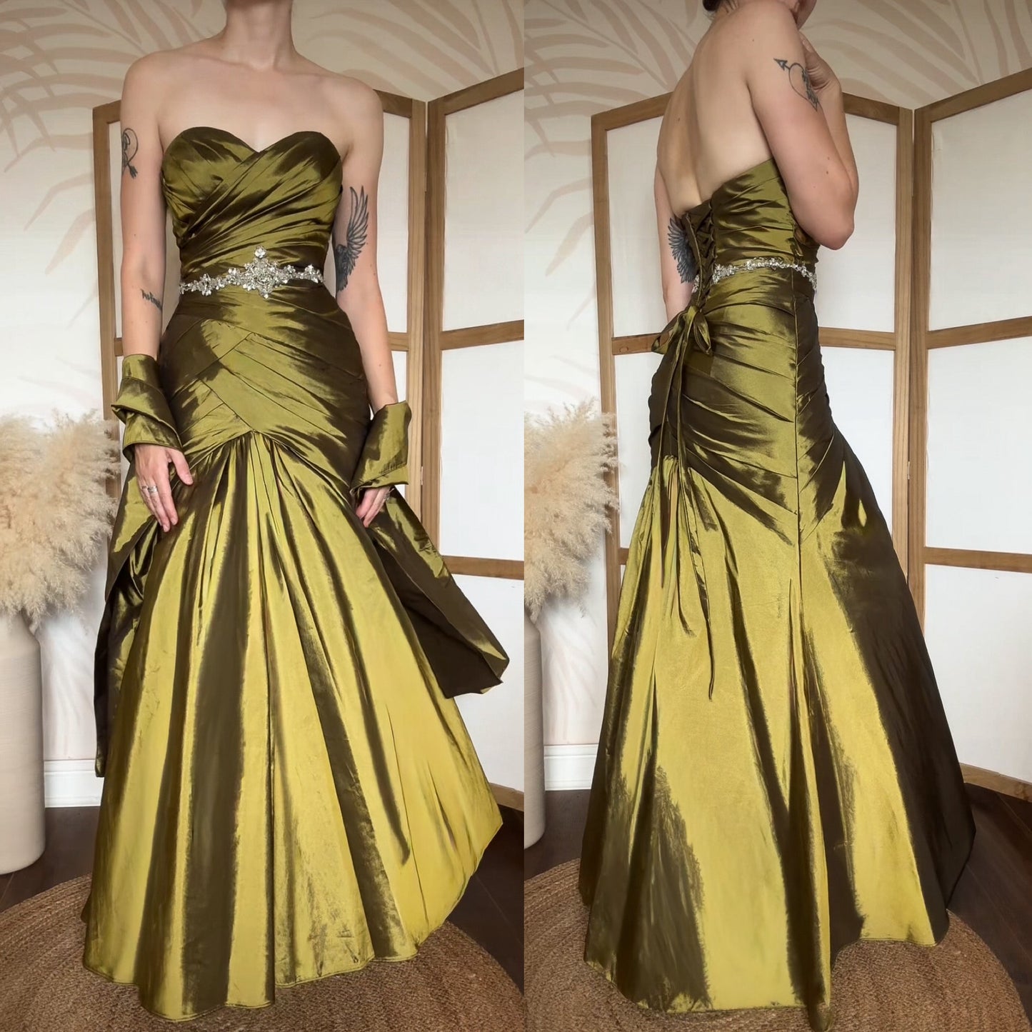 Olive green taffeta strapless prom dress uk 8