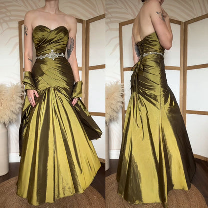 Olive green taffeta strapless prom dress uk 8