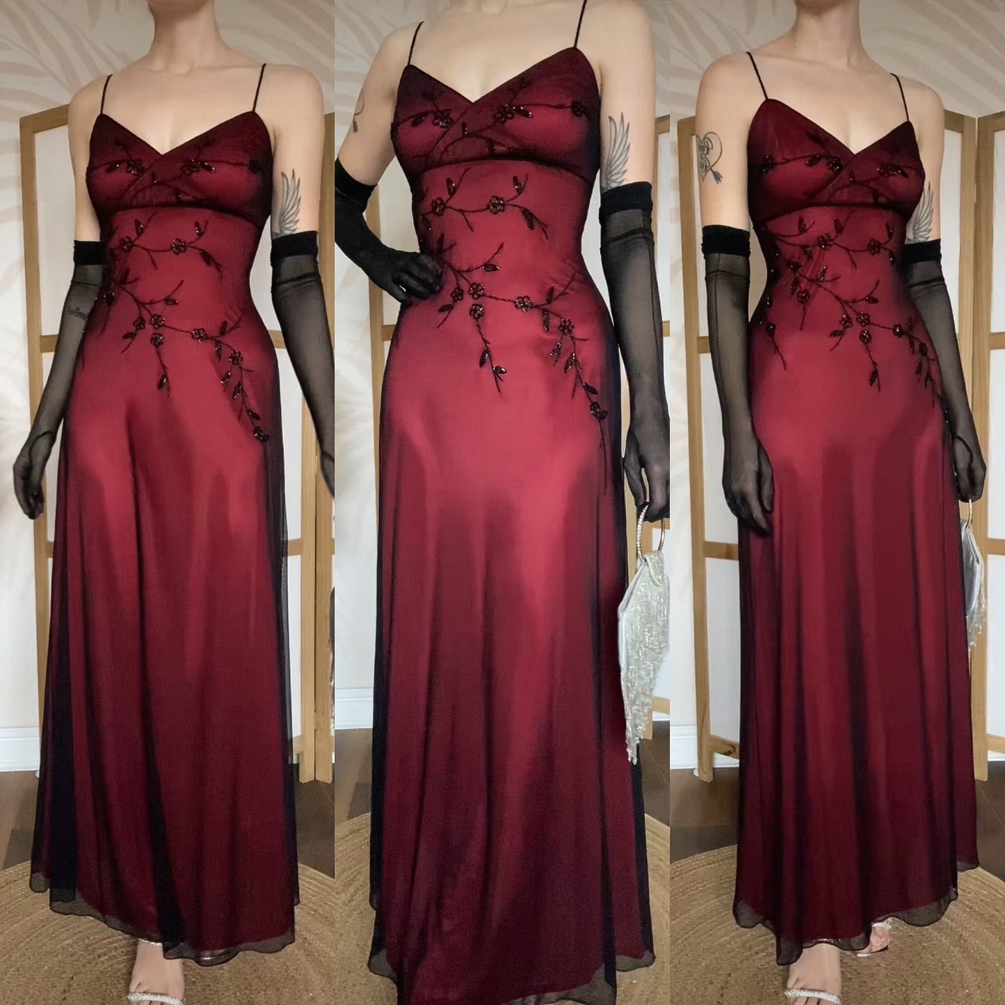 John Charles red beaded stretch evening dress uk 14