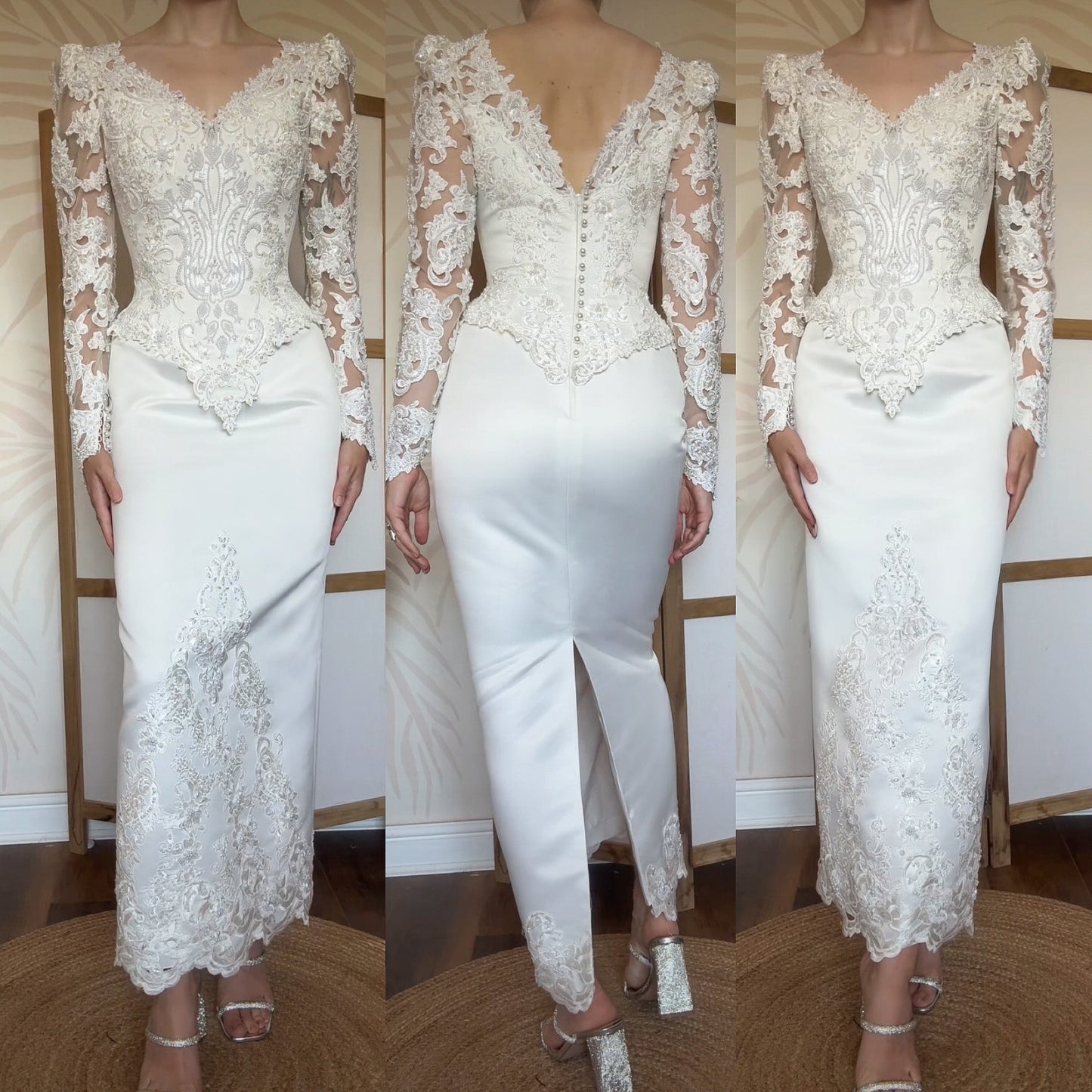Long sleeve ivory lace wedding dress with detachable train uk 8-10