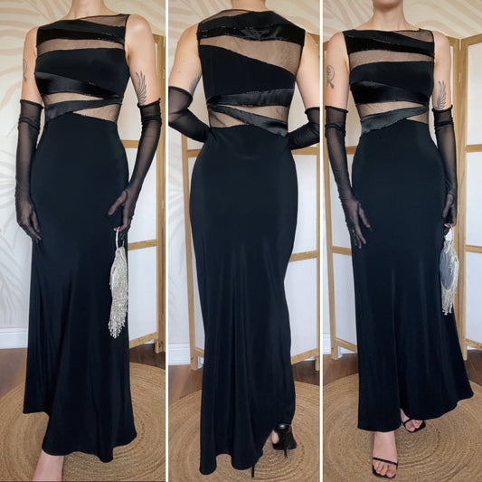 Black Dusk beaded sheer cut out evening dress UK 14