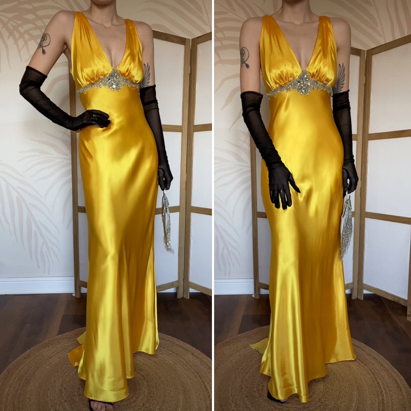 Niki Livas silky yellow evening prom dress UK 12
