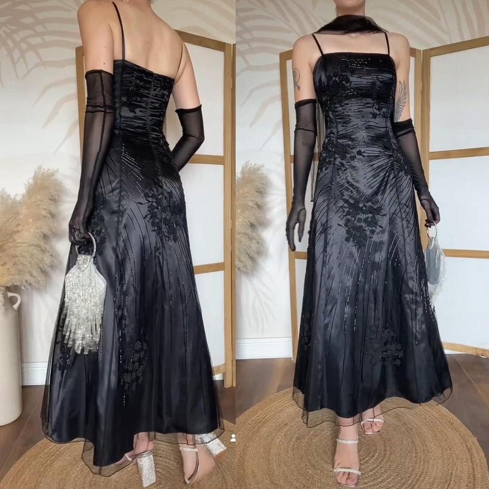 Black beaded a-line prom dress & shawl uk 16