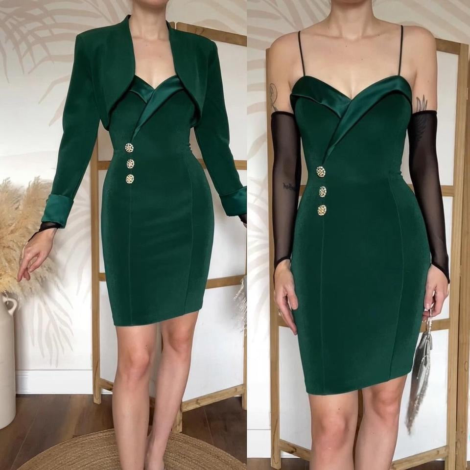 Forest green stretch 2-piece dress & jacket set uk 10