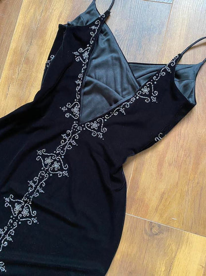 Black velvet beaded stretch evening dress uk 8-10