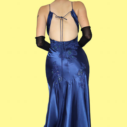 Blue satin lace evening dress UK 8