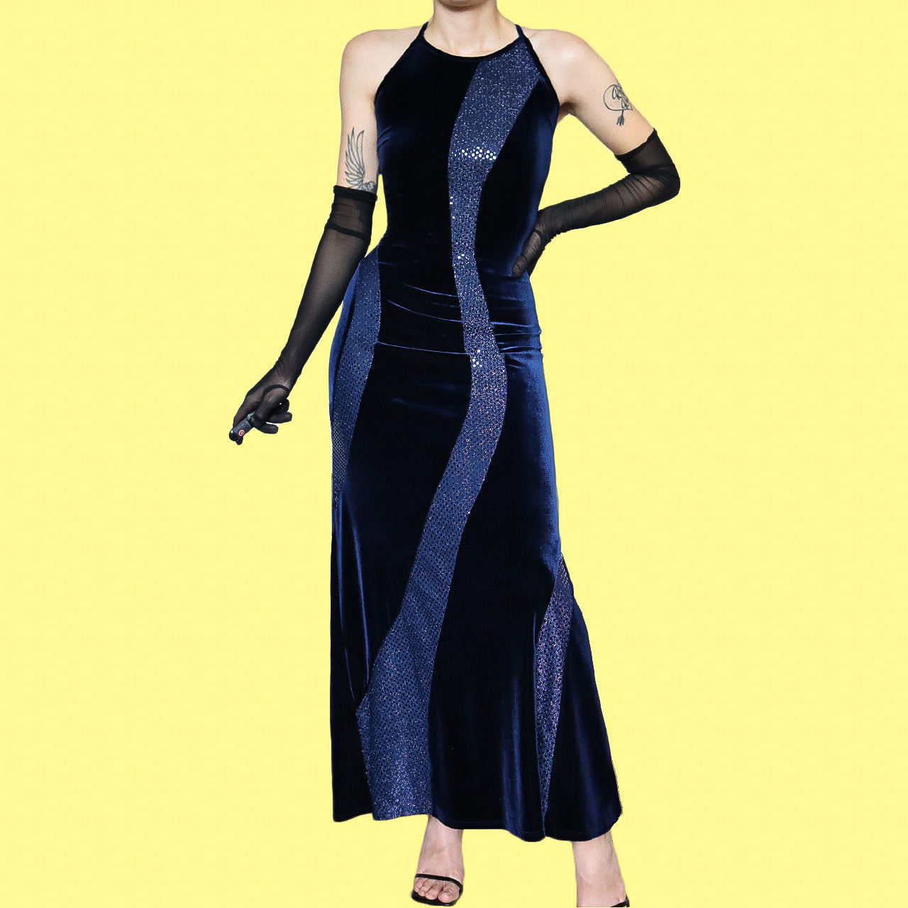 Blue Velvet Sequin Stretch Evening Gown UK 12