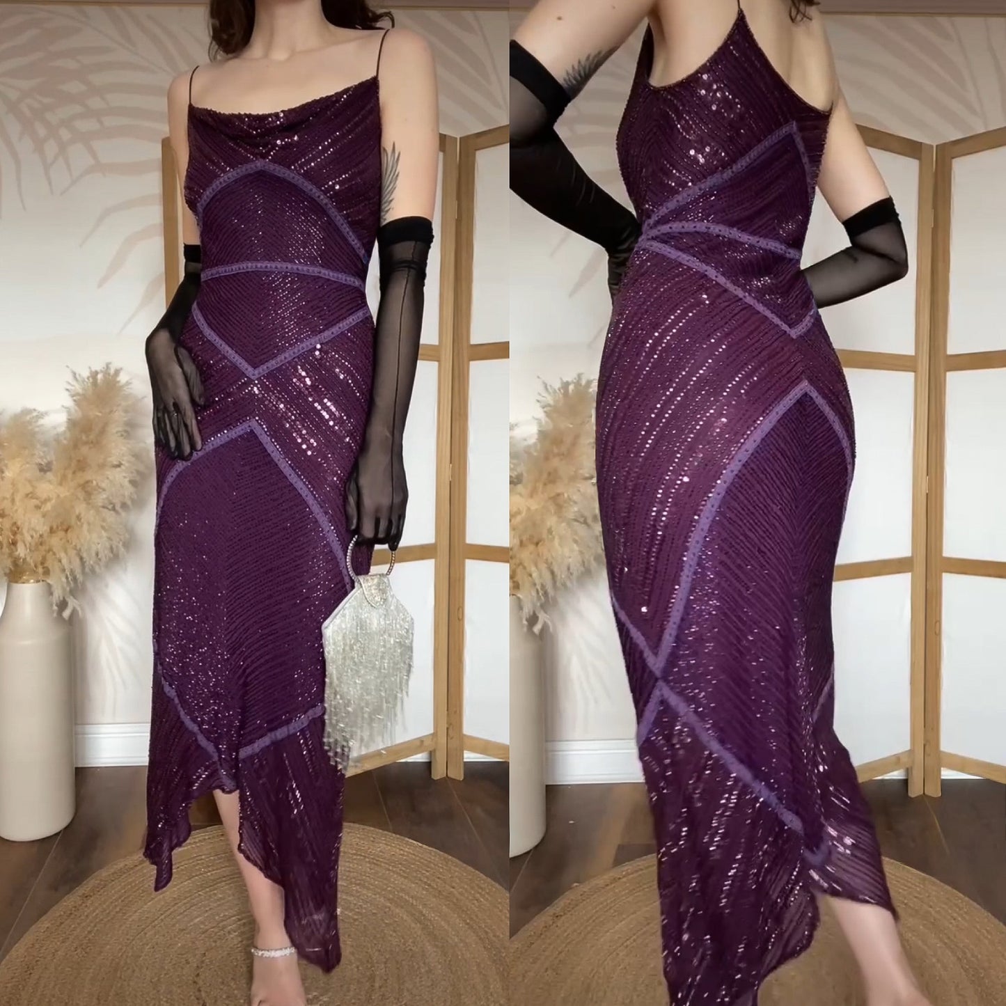 Purple 100% silk beaded evening gown uk 10-12