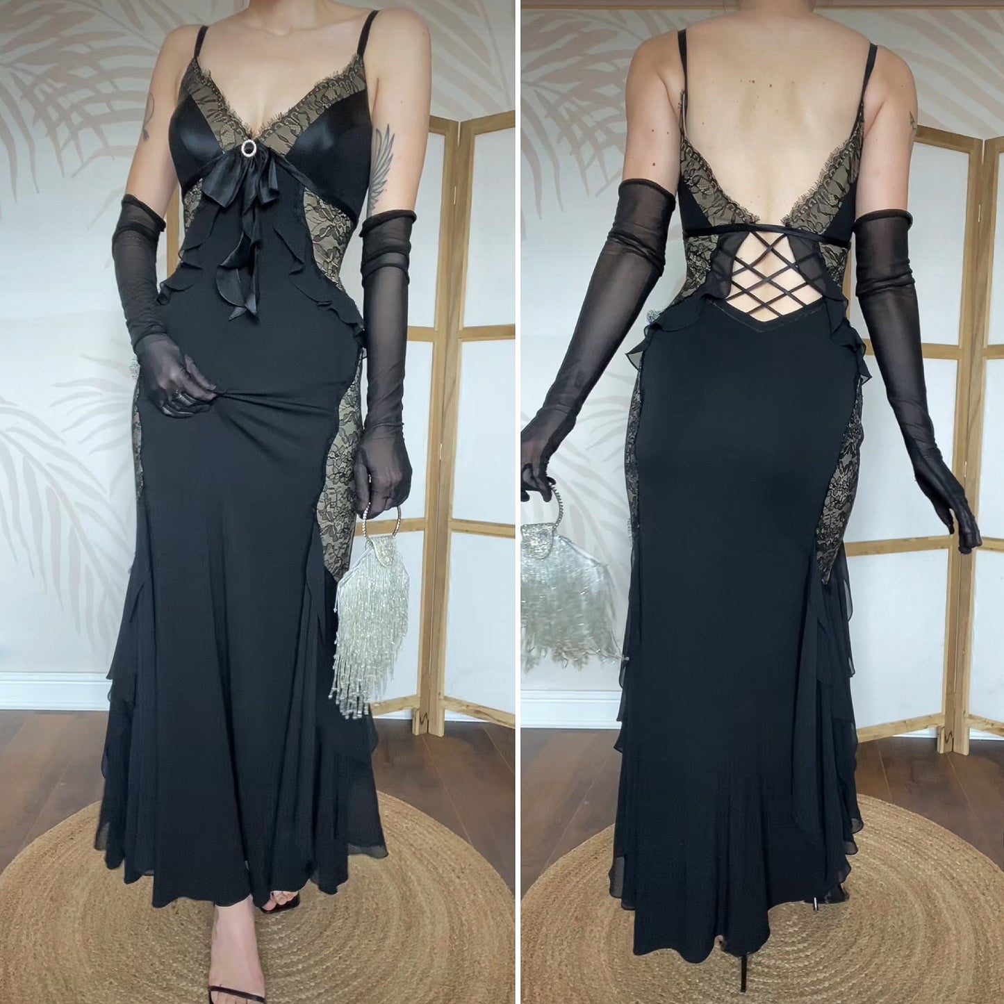 Dusk black stretch lace evening dress UK 12